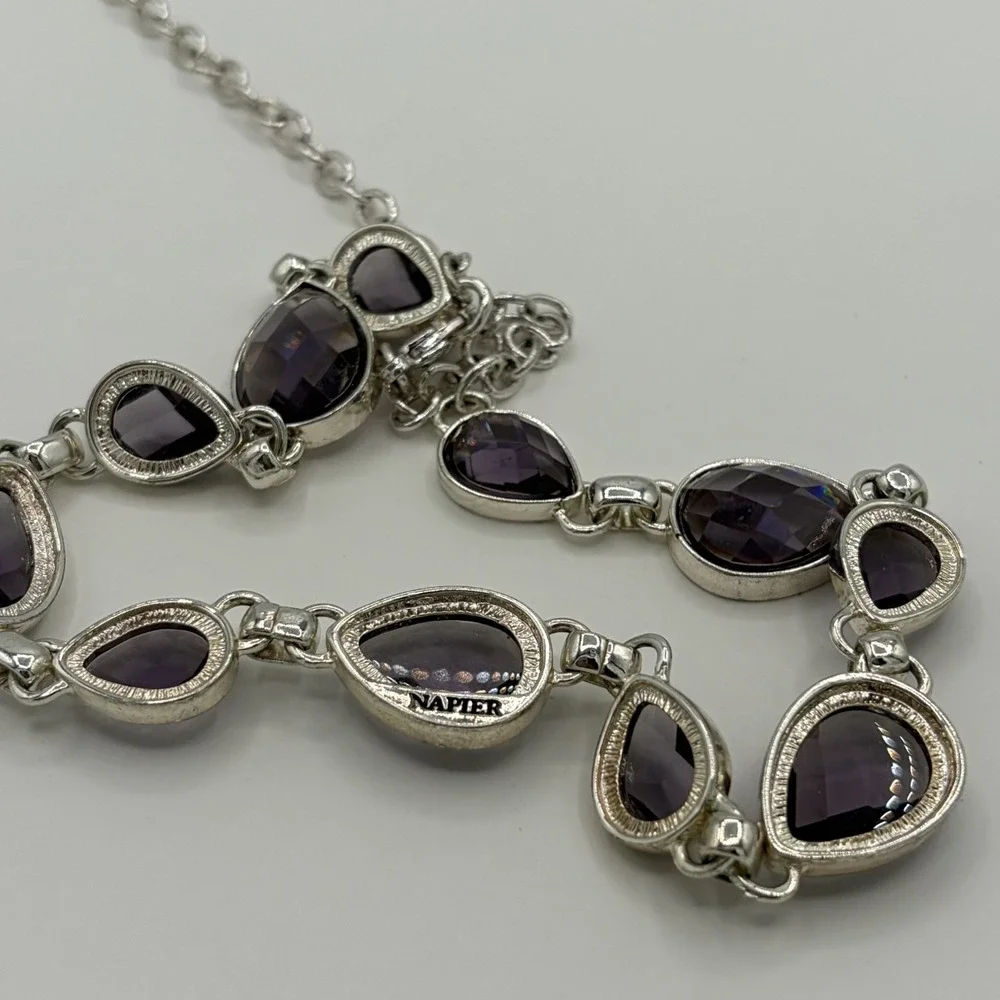 Vintage Napier Silver Tone Purple Faceted Teardrop Statement Choker‎ Necklace